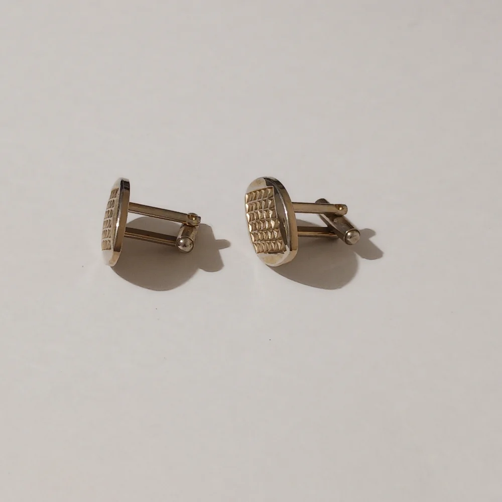 VTG Gold Tone Etched Navette Cufflinks, Atomic Space Age Modernist Diamond-Cut